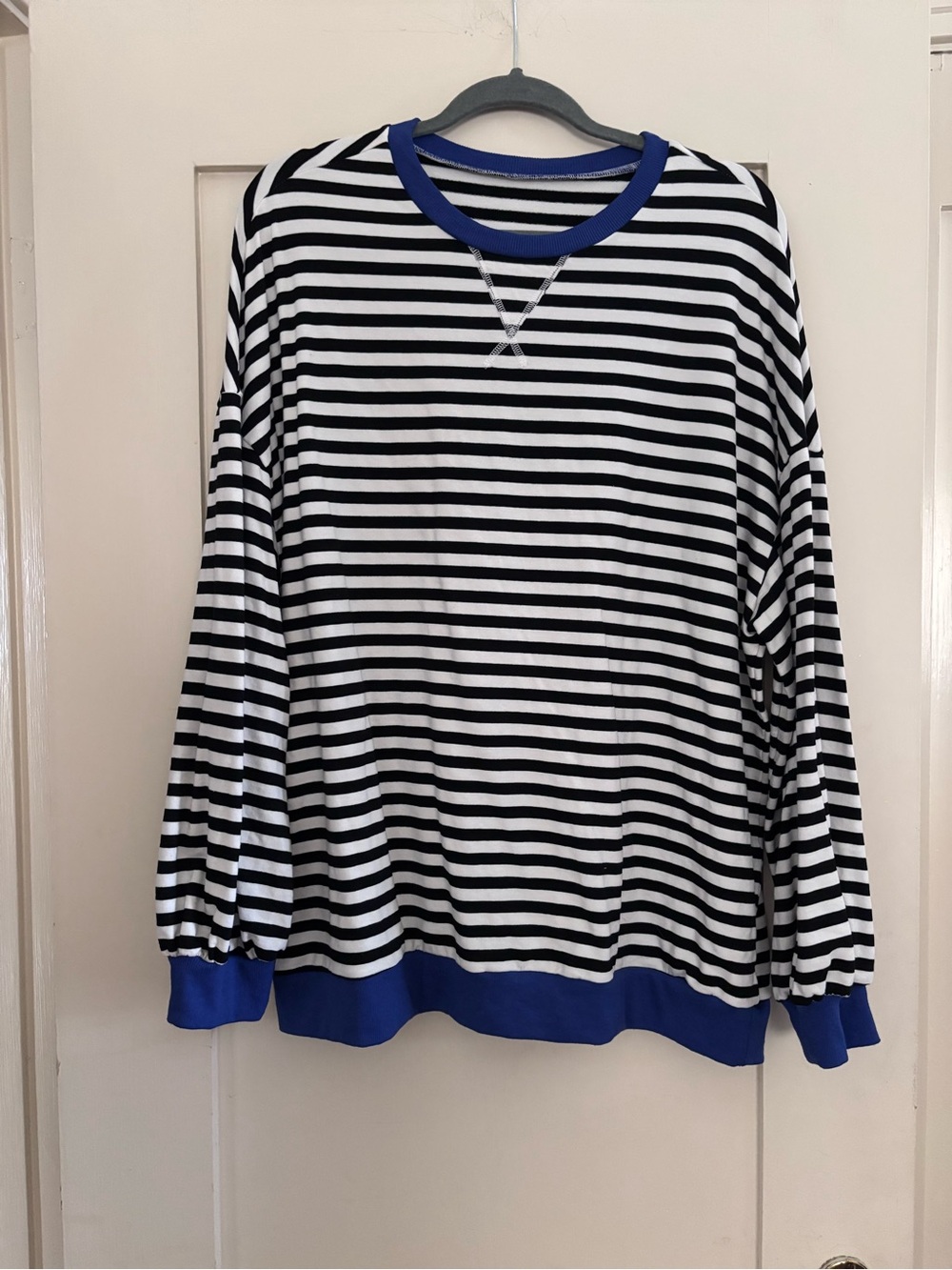 Black & White free people style Striped Pullover with Blue Trim